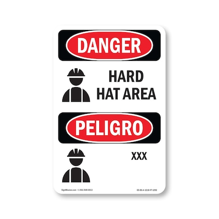 Signmission OSHA Danger Sign, Hard Hat Area Bilingual, 18in X 12in Aluminum, OS-DS-A-1218-VT-1292 OS-DS-A-1218-VT-1292