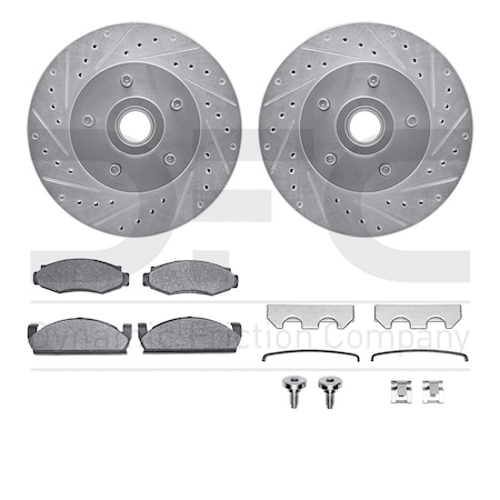 Dynamic Friction Co DFC Brake Rotor - Drilled & Slotted - Silver- Heavy Duty Brake Pad includes Hardware 7412-54003