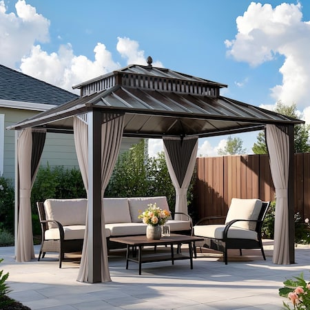 Sunjoy Kingston 12x10 Gazebo, Steel Hardtop Gazebo with Curtain and Netting - Brown Aluminum Posts A10204360200