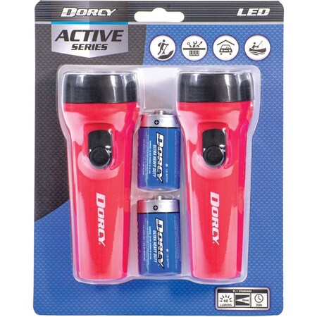 Dorcy LED Flashlights Pack, LED, 1 x D, Battery, Plastic, Weather Resistant, Blue, 2PK 41-2594