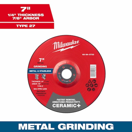 Milwaukee Tool Grinding Wheel, 7" dia. 49-94-0733