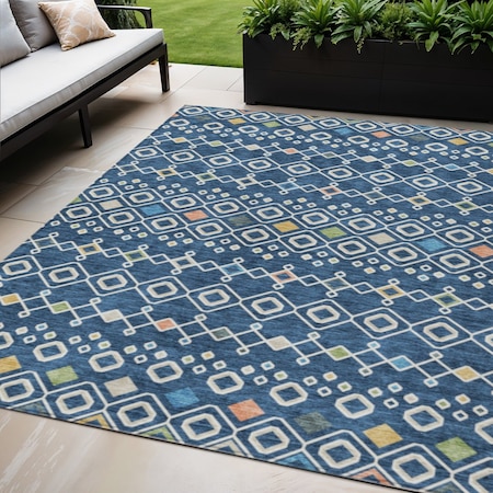 Homeroots 5' X 8' Navy Blue Ivory And Peach Geometric Washable Indoor Outdoor Area Rug 612203