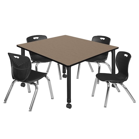 Regency Square Kee Mobile Adjustable Classroom Table W/ 4 Andy Chairs, 48 in W, 48 in L, Noble Oak TB4848NOAPCBK45BK