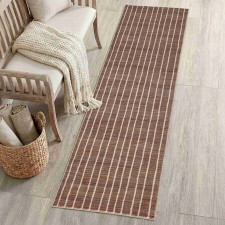Jonathan Y Orton Distressed Ticking Stripe Non-Slip Machine-Washable Brown/Cream 2 ft. x 8 ft. Runner Rug WSH519B-28