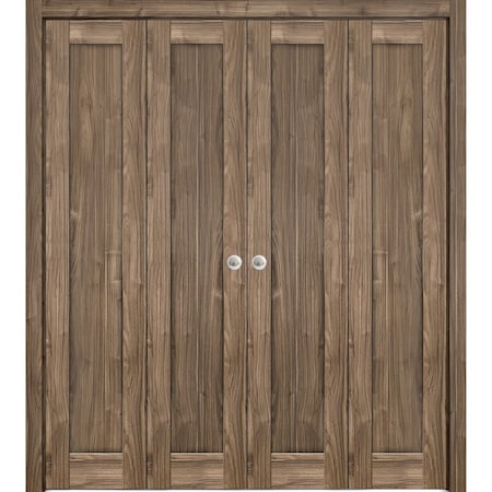 Sartodoors Sliding Closet Double Bi-fold Doors Walnut Solid Core Modern Interior QUADRO4111DBF-WLN-96 x 80 (4* 24x80)
