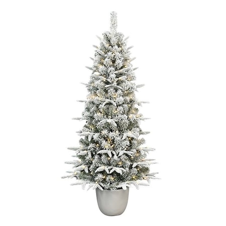 Puleo Asia Ltd 301-5196-STF50LW150-CUL Norway Flocked Potted Tree, 5 ft H, Spruce Family, LED, Warm White Light 301-5196-STF50LW1