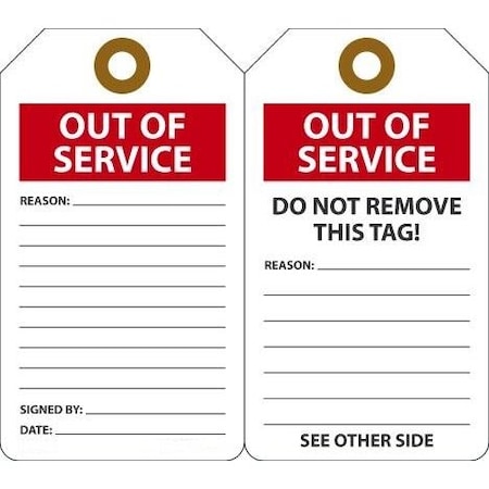 Accuform Safety Tags, Out Of Service, 5.75" X 3.25", RP-Plastic, 5/PK TRS243PTM