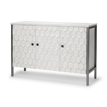 Homeroots 47in White and Gray Wood and Metal Carved Geometric Accent Cabinet With Three Doors 611057