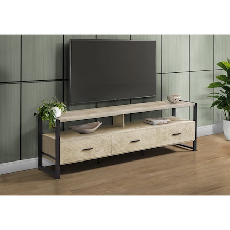 Monarch Specialties TV Stand, 72'', Media Entertainment Center, Cream Stone Laminate, Black Metal, Contemporary I 2846