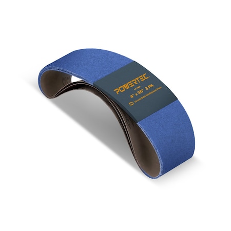 Powertec Sanding Belt, 4 in W, 36 in L, Zirconia Alumina, 60 Grit, 3PK 443606Z-3N