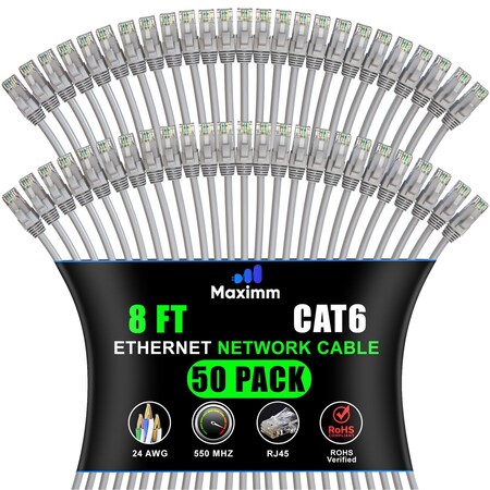 Maximm Cat6 Ethernet Cable 8ft 10Gbps 550MHz UTP, 50PK, Gray, 50PK CAT6CCA-8GR-50PK
