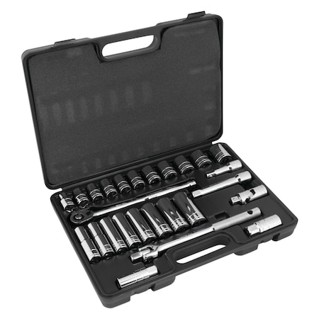 Performance Tool 26 pc. 1/2 in. Dr. SAE Socket Set, Ratchet, Deep Sockets, Storage W32901