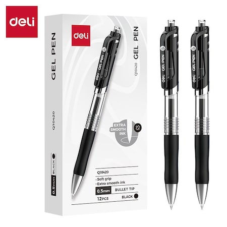 Deli Retractable Gel Pen 0.5mm, Black Ink, Soft Grip, 12PK EQ10420