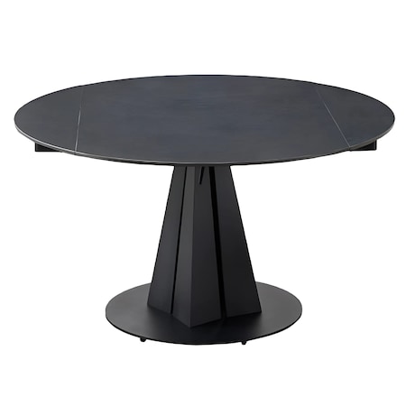 Homeroots 51" Black Stone and Metal Self-Storing Leaf Pedestal Base Round Top Extendable Dining Table 555192