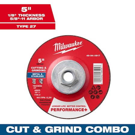 Milwaukee Tool Cut-Off & Grinding Wheel, 5" dia. 49-94-0917