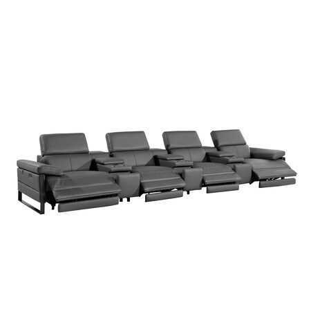 Homeroots 169" Dark Gray Top Grain Leather Reclining Metal USB Sofa 720347