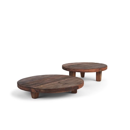 Homeroots Set of Two Brown Reclaimed Wood Handmade Round Riser Trays 609080