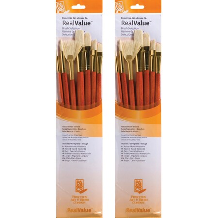 Princeton RealValue Brush Set, Natural Bristles, Long Handle Mixed Media Paintbrush, Orange, 7-Piece Set, 2PK PR9154