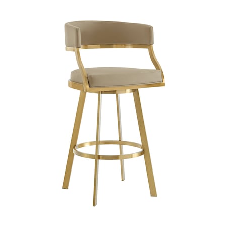 Armen Living Saturn 30in Swivel Bar Stool with Gold Brushed Stainless Steel and Light Sand Faux Leather LCSNSWBABGLLSA30