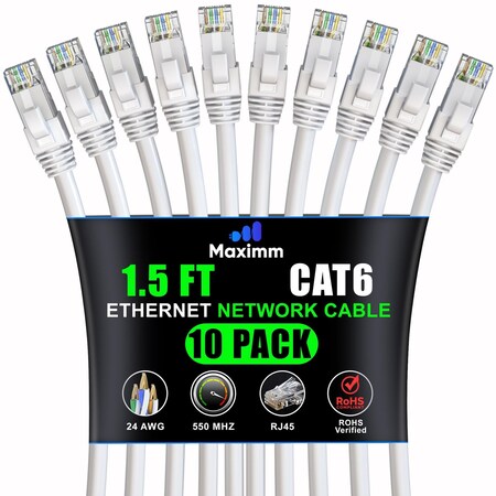 Maximm Cat6 Ethernet Cable 1.5ft 10Gbps 550MHz UTP, 10PK, White, 10PK CAT6-CCA-1.5FT-WHITE-10PK