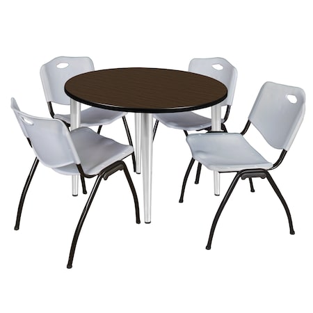 Regency Round Kahlo Breakroom Table W/ 4 M Stack Chairs, 36 in W, 36 in L, Neo Walnut TPL36RNDNWCM47GY
