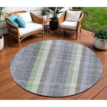 Homeroots 8' Pewter Gray And Mint Green Round Plaid Washable Indoor Outdoor Area Rug 613995
