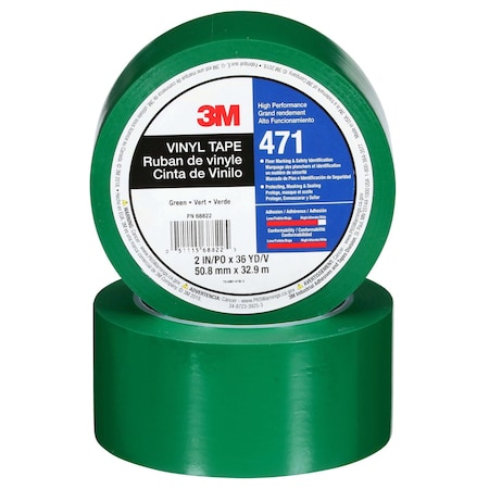 3M Floor Marking Tape, vinyl, Solid, Green, 2 in W., 5.2 mil Thickness 471