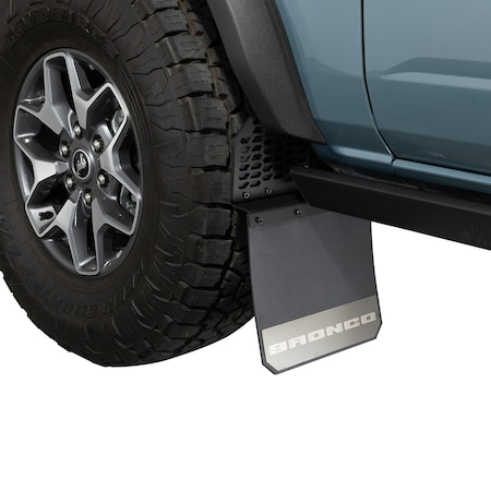 Putco Mud Flaps, Direct Fit; Set Of 2; Flat; Bronco Logo; Carbon Black; High Density Polyethylene; Bolt 78281FD