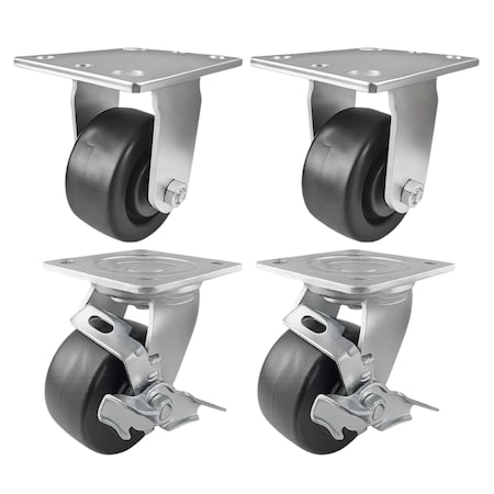 Hyw Products Heavy Duty Caster Set 4in Plastic Wheels, 2 Rigid & 2 Swivel with Brake, 4PK 40-40R-A1-HP-2,40-40S-A1-HP-TB-2