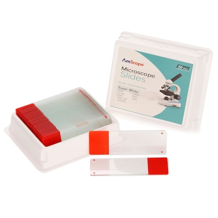 Amscope 50pc Blank Silane Slides with Single Frosted, Red-Coated Side BS-FSIL50-R