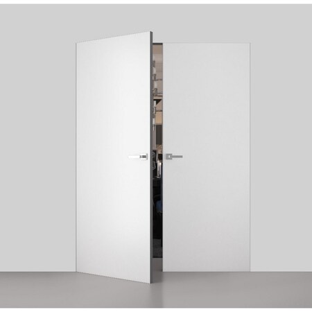 Sartodoors Modern Solid Double Hidden Door with Handle, Planum 0010 Primed with Silver Hidden Frame 64" x 80" PLANUM0010DHF-PR-64 x 80-LH-O