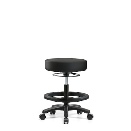 Blue Ridge Ergonomics Vinyl Mini-Stool - Medium Bench Height with Black Foot Ring & Casters in Black Trailblazer Vinyl VMBMS-RG-BF-RC-8540