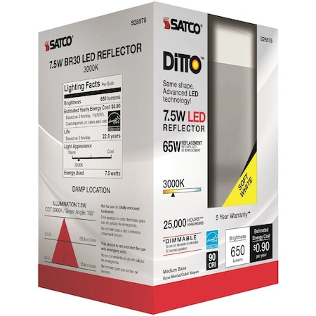 Satco Bulb, LED, 8W, BR30, Medium, 120V, Frosted White, 30K S28578