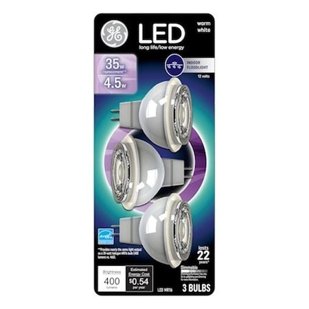 Ge LED Light Bulb, MR16 Lamp, 35 W Equivalent, GU5.3 Lamp Base, Dimmable, Clear, White Light, PK3 93116243