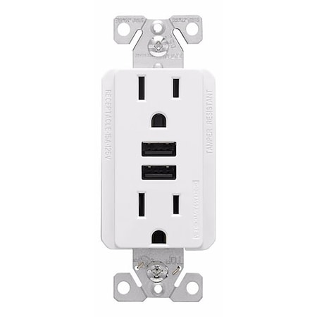 Arrow Hart EATON USB Combination Receptacle, 2 Pole, 15 A at 125 VAC, 36 A at 5 VDC, 125 VAC, 5 VDC TR7765W-KB-L