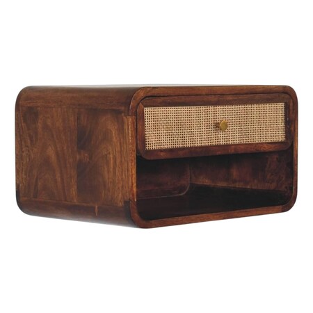 Homeroots 18" Chestnut And Natural Solid Wood Cane Rattan One Drawer Floating Nightstand 722573