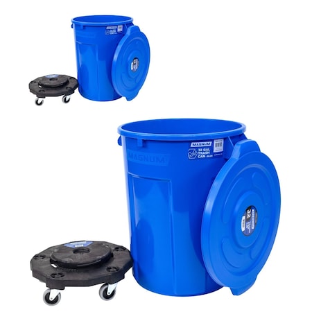 Magnum Tool Blue 32 Gallon Trash Can Set, Trash Can, Quiet Dolly, and Reinforced Lid, 2 Set CMTC-CLD0-32B02