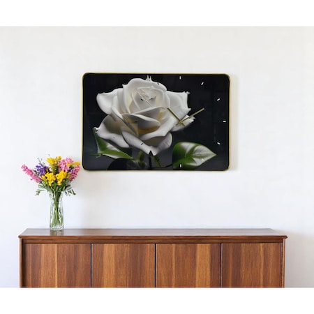 Homeroots 24" White Black And Green Solid Wood and Acrylic Silent Roses Floral Wall Clock 626571