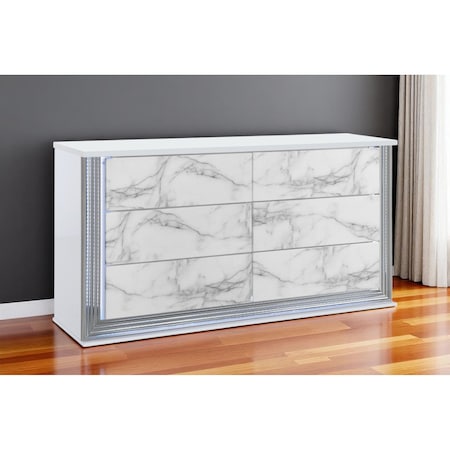 Homeroots 61" White Faux Marble And Wood Lighted Six Drawer Double Dresser 564684
