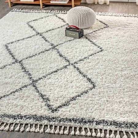 Jonathan Y Mercer Shag Plush Tassel Moroccan Tribal Geometric Trellis Cream/Gray 3 ft. x 5 ft. Area Rug MCR103B-3