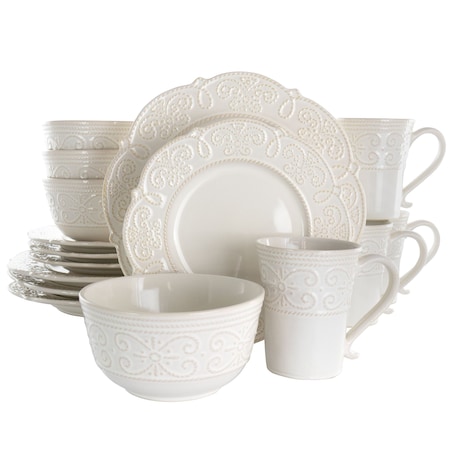 Elama Luna 16 Piece Embossed Scalloped Stoneware Dinnerware Set in White EL-LUNA16