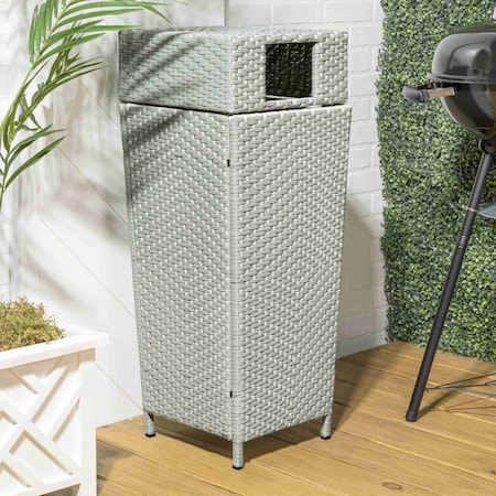 Happimess Keaton Modern 24.13 Gal. All-Weather Wicker/Metal Lidded Hideaway Outdoor Trash Can, Mint Blue/White HPM1203C