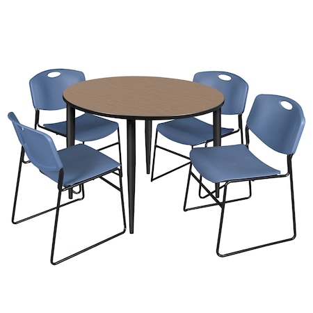 Regency Round Kahlo Breakroom Table W/ 4 Zeng Stack Chairs, 48 in W, 48 in L, Noble Oak TPL48RNDNOBK44BE