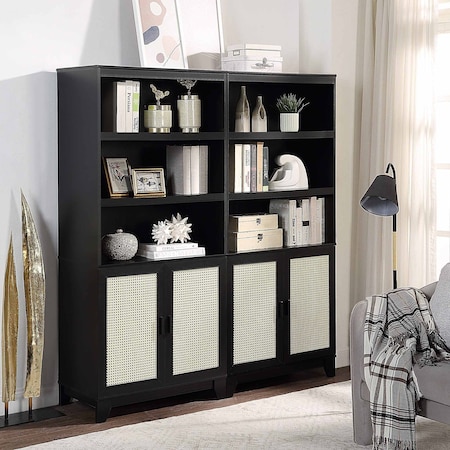 Manhattan Comfort Sheridan Modern Cane Bookcase with Adjustable Shelves in Black, 2PK 2-BC-6GLF-BK