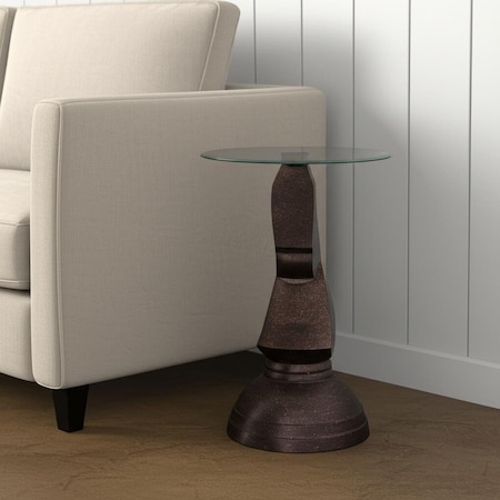 Homeroots 24" Clear and Antiqued Brass Glass and Aluminum Round Figurine End Table 634160