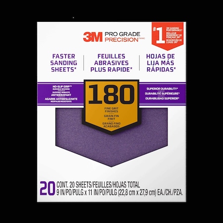 Pro Grade Precision Sanding Sheets, NoSlip, 180Gr, 9"x11", PK20 SHCP180-PGP20T