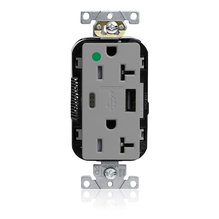 Leviton USB Receptacle, 20 A, 1 hp, Gray, PBT M58AC-HGG