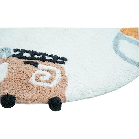 Homeroots 32" Blue Green And White Cotton Cars Round Youthful Bath Rug 634891