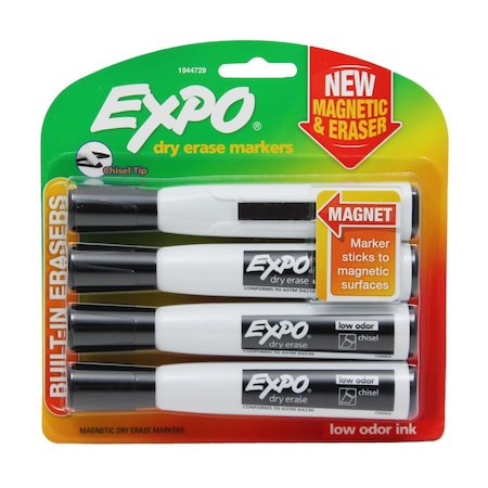 Expo Magnetic Dry Erase Markers with Eraser, Chisel Tip, Black, 4-Count, 4PK 1944729