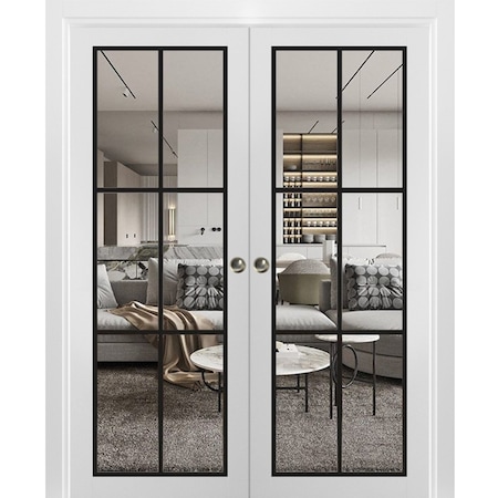 Sartodoors Sliding Double Pocket Door Clear Glass, Lucia 2366 White Silk and Aluminum Strips, Kit Trims Rail LUCIA2366DP-WS-72 x 80 (2* 36x80)